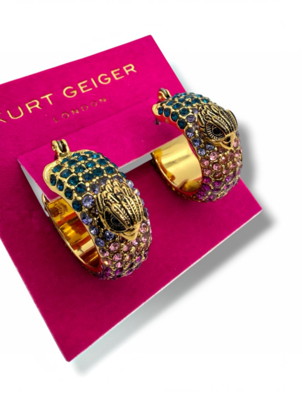 Kurt Geiger London Eagle Hoop Earrings Multicolor Crystal Gold Tone NWT